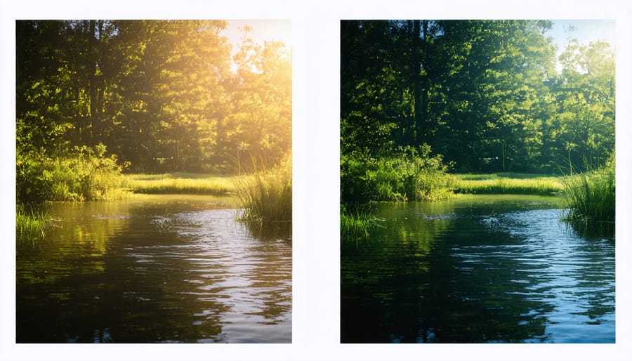 Side-by-side comparison showing the same pond illuminated with warm orange and cool blue lighting