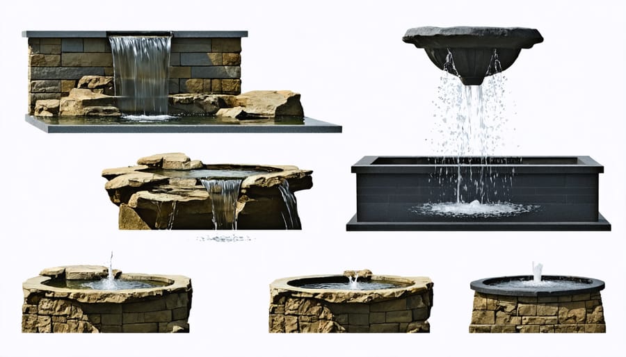 Collection of different water feature designs showing fountain, cascade, and wall-mounted options