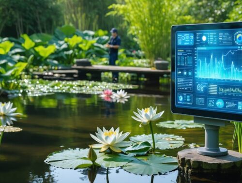 A tranquil pond surrounded by vibrant plants and lilies, with a digital panel showing water quality metrics and a gardener examining a floating diagnostic chart.