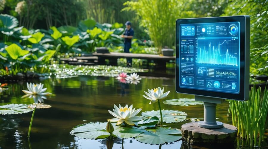 A tranquil pond surrounded by vibrant plants and lilies, with a digital panel showing water quality metrics and a gardener examining a floating diagnostic chart.