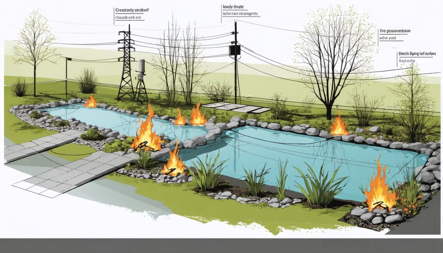 Illustrated diagram highlighting common fire hazards in water garden settings