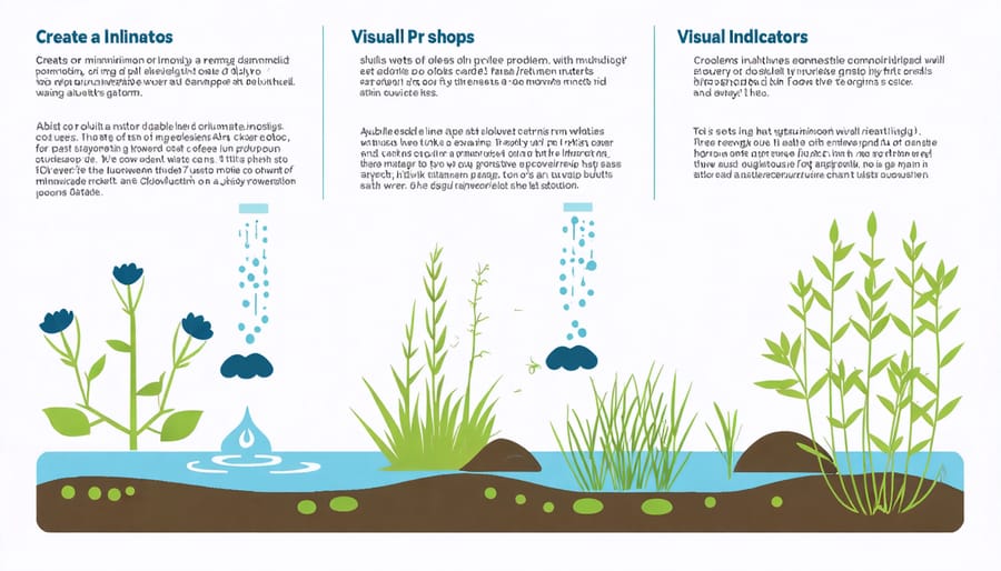 Illustrated diagram of water garden problems including algae growth, plant decay, and equipment issues
