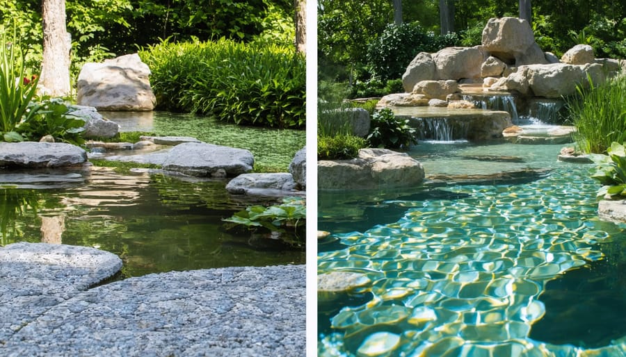 Before and after comparison of a water garden showing transformation from murky to clear water