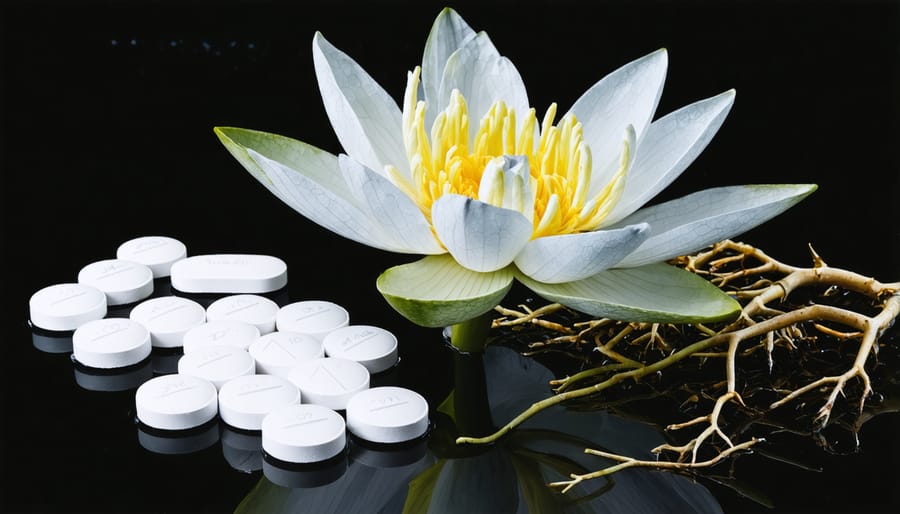 Hands placing fertilizer tablets near water lily roots in a pond