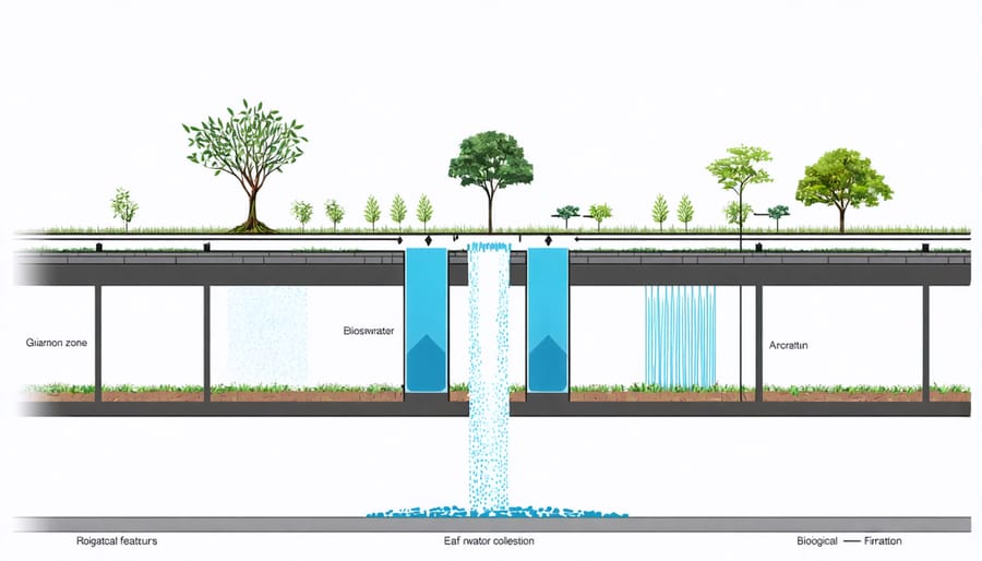 Illustrated overview of pond water management system with labeled components and water flow patterns