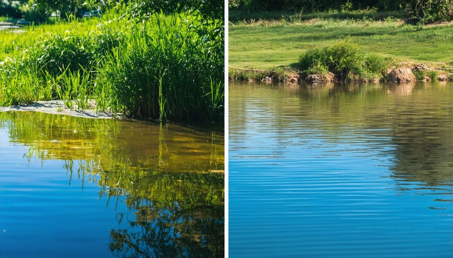 Comparison of murky pond water before aeration and clear water after proper aeration implementation