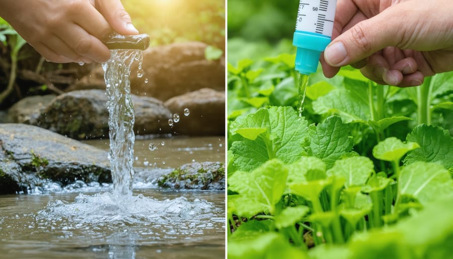 Person demonstrating water testing and maintenance procedures in a garden pond