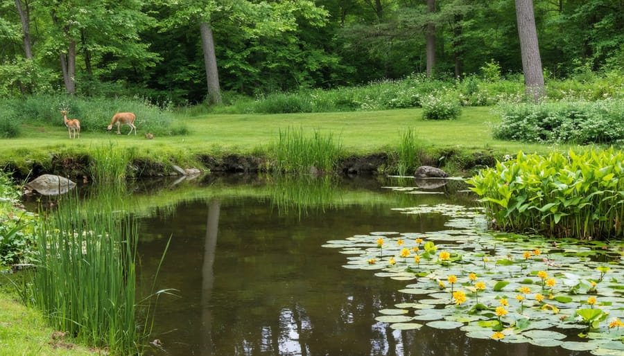 Photograph of a wildlife-friendly pond edge with gentle slopes and diverse vegetation