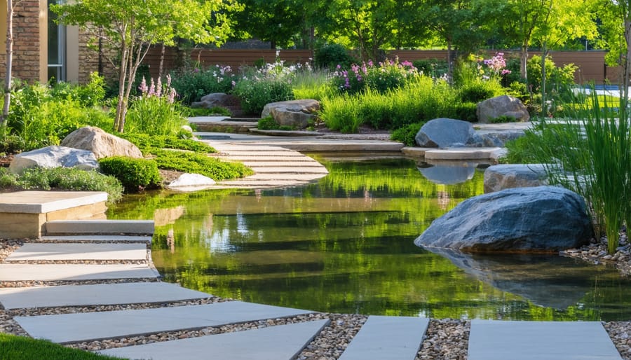 Accessible water garden with safety lighting and paved pathways in assisted living facility
