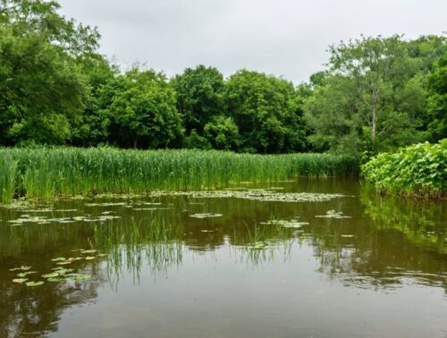 "Serene pond with clear water and lush vegetation, featuring advanced filtration equipment near the edge."