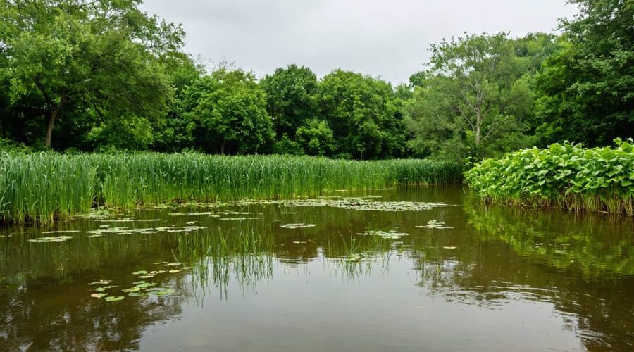 "Serene pond with clear water and lush vegetation, featuring advanced filtration equipment near the edge."
