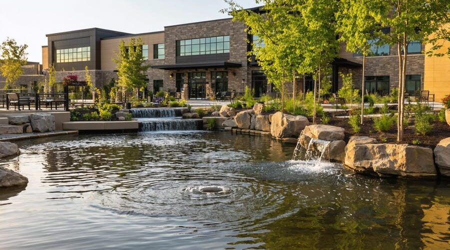 "Assisted living facility with a water garden and fire safety equipment visible, highlighting safety measures in a serene environment."