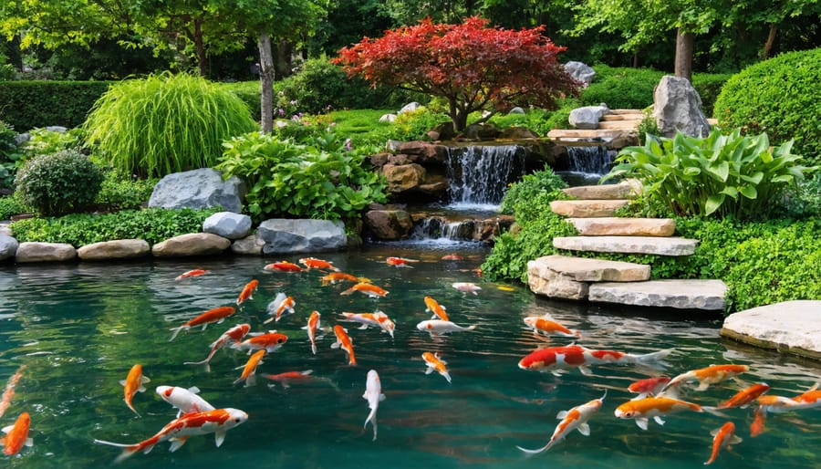 Landscaped koi pond with Japanese maple trees and ornamental grasses