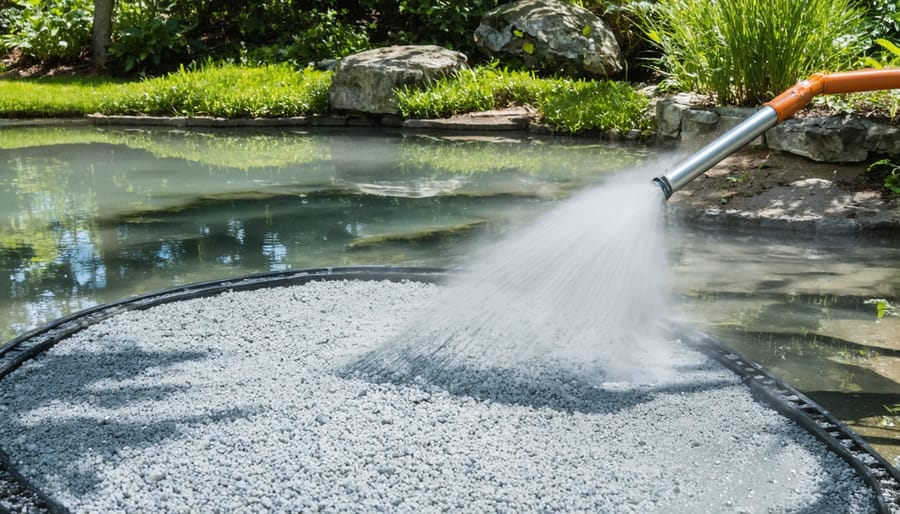 Hands cleaning biological filter media sponge with pond water