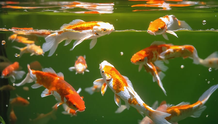 Clear pond water showing colorful koi fish swimming at various depths