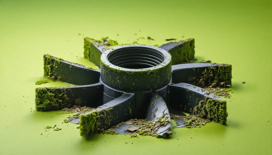 Close-up of pond pump impeller housing being opened showing clogged impeller with debris