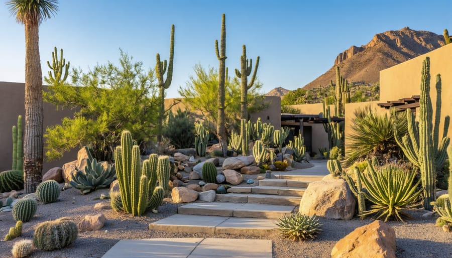 Multi-level desert garden featuring succulents and native plants arranged in natural terraces