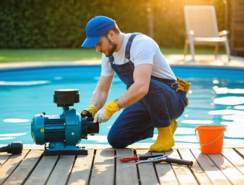 Homeowner kneeling beside an outdoor pool pump and sand filter, removing the clear pump lid to check the O-ring and impeller, with tools nearby and a blurred pool edge and garden in warm sunlight.
