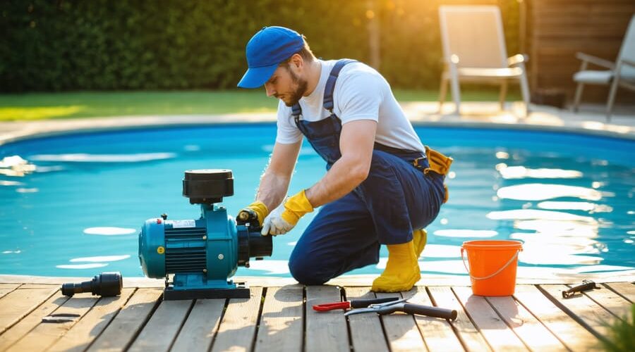 Homeowner kneeling beside an outdoor pool pump and sand filter, removing the clear pump lid to check the O-ring and impeller, with tools nearby and a blurred pool edge and garden in warm sunlight.