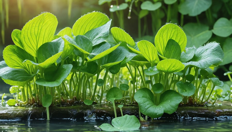 Close-up of water chestnuts and watercress growing in shallow water