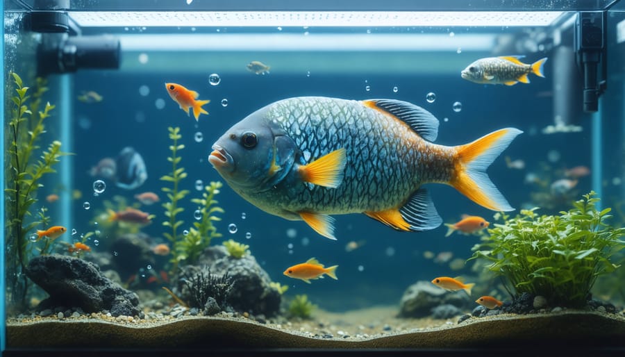 Colorful koi fish swimming near underwater monitoring sensor