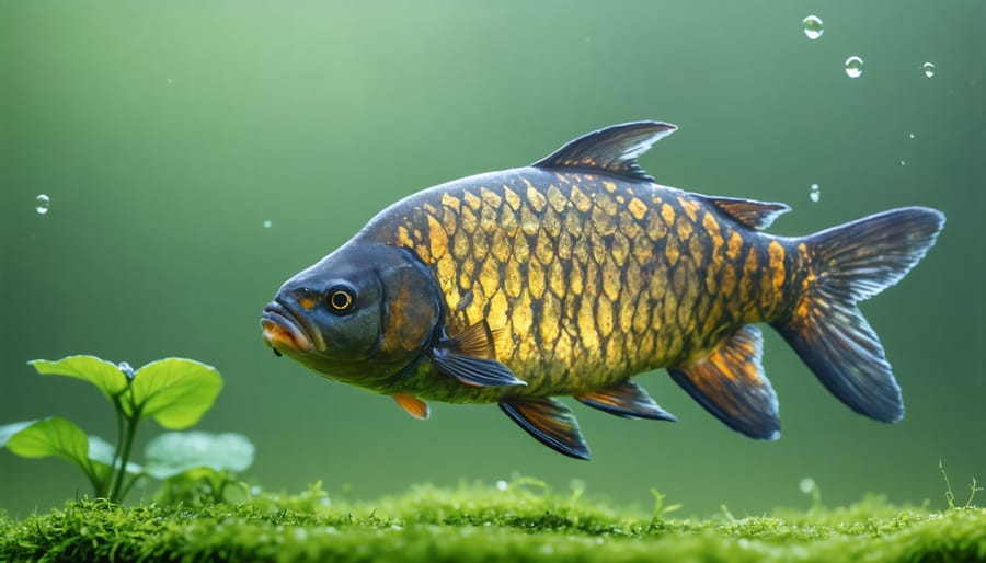 Lethargic pond fish with faded coloration near water surface showing signs of chemical imbalance