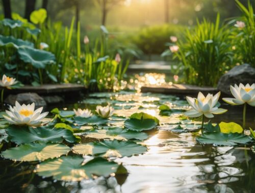 "Tranquil garden pond with water lilies and vibrant plants, captured at golden hour with reflections on the water."