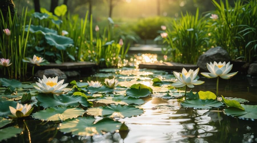 "Tranquil garden pond with water lilies and vibrant plants, captured at golden hour with reflections on the water."