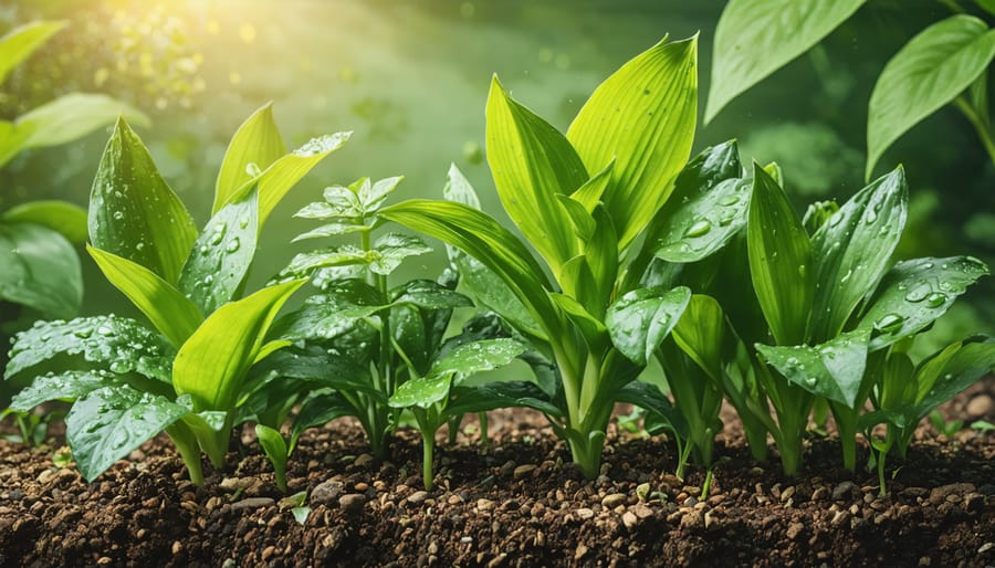 Healthy vegetable garden with tomatoes and greens growing in enriched soil