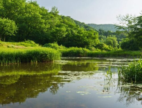 "Tranquil pond in a verdant landscape with soft daylight and lush greenery, representing a healthy ecosystem."