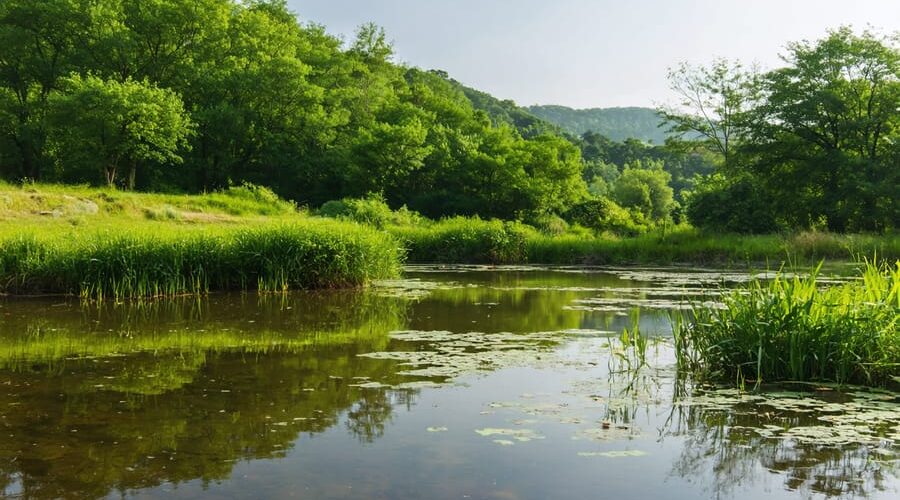 "Tranquil pond in a verdant landscape with soft daylight and lush greenery, representing a healthy ecosystem."