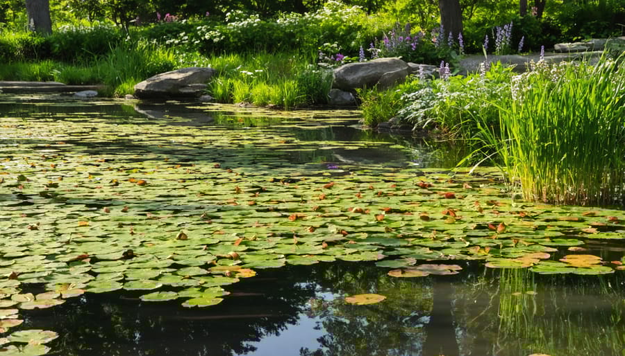 Healthy water garden with diverse native aquatic plants and clear water