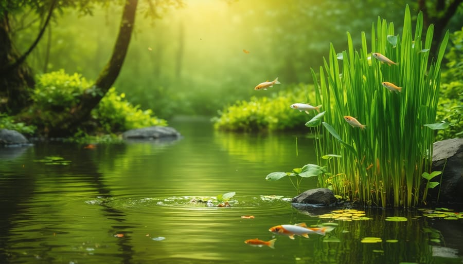 Healthy koi and goldfish swimming in clear backyard pond with green aquatic plants