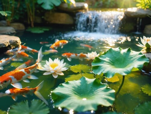 Koi fish swimming under water lilies in a backyard pond, with a sunbeam revealing fine suspended particles and one slightly yellowing lily leaf; stones, reeds, and a small waterfall are softly blurred in the background.