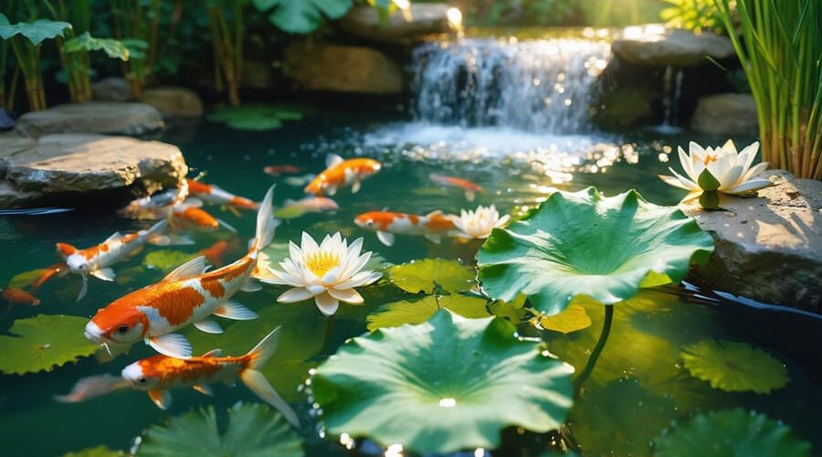 Koi fish swimming under water lilies in a backyard pond, with a sunbeam revealing fine suspended particles and one slightly yellowing lily leaf; stones, reeds, and a small waterfall are softly blurred in the background.