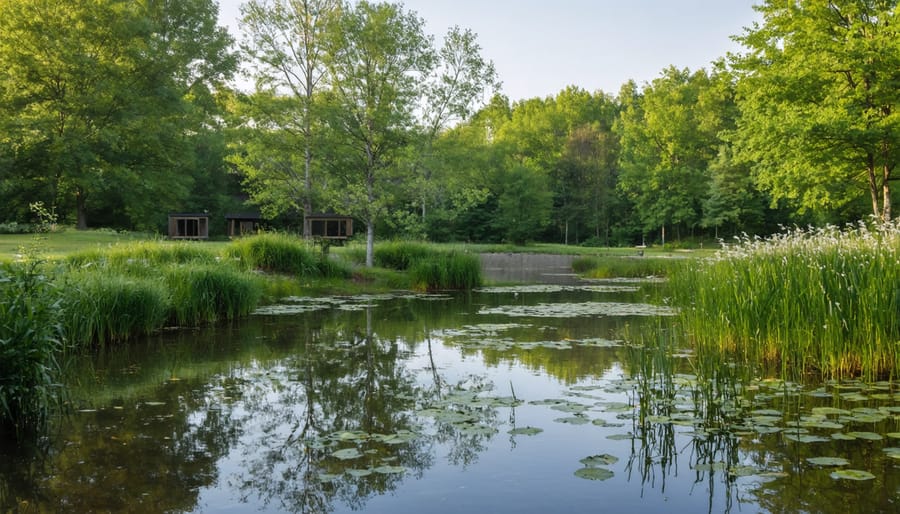 Garden pond showing naturally integrated filtration system among rocks and plants