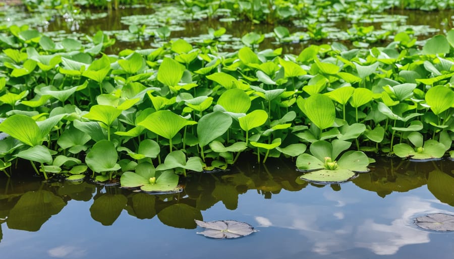 Dense mat of water hyacinth plants with purple flowers covering a pond surface