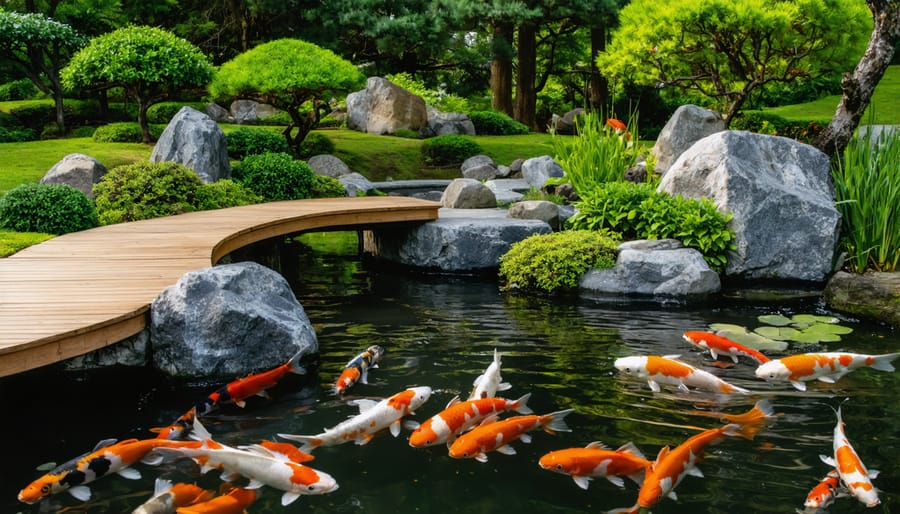 Japanese water garden with wooden bridge, stones, and orange koi fish swimming in clear pond