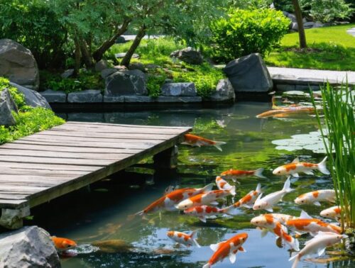 "Japanese water garden with wooden bridge, koi fish swimming in a clear pond, and vibrant aquatic plants."