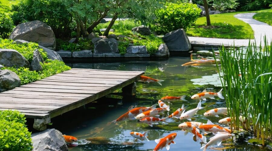 "Japanese water garden with wooden bridge, koi fish swimming in a clear pond, and vibrant aquatic plants."