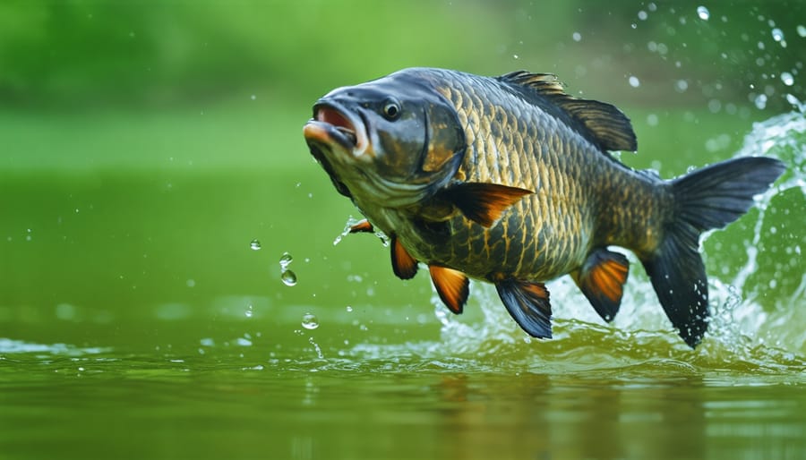Asian carp leaping out of pond water against blue sky