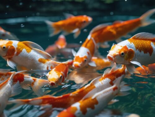 "Colorful koi fish swimming around a modern quantum sensor in a pond, highlighting aquatic wildlife tracking."