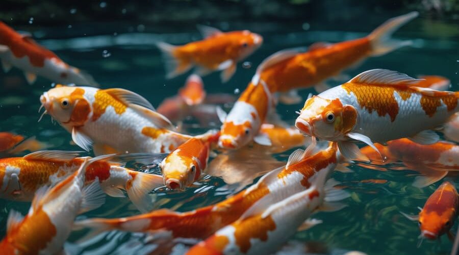 "Colorful koi fish swimming around a modern quantum sensor in a pond, highlighting aquatic wildlife tracking."