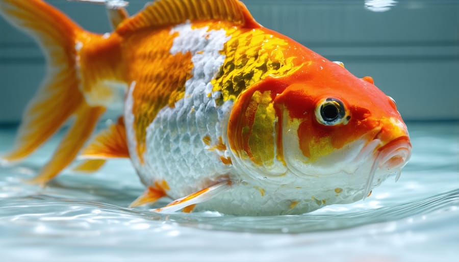 Hands holding colorful koi fish above pond water for health inspection