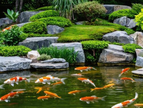 "Exquisitely landscaped koi pond with layered rocks, colorful plants, and shimmering water surface, surrounded by a serene garden setting."