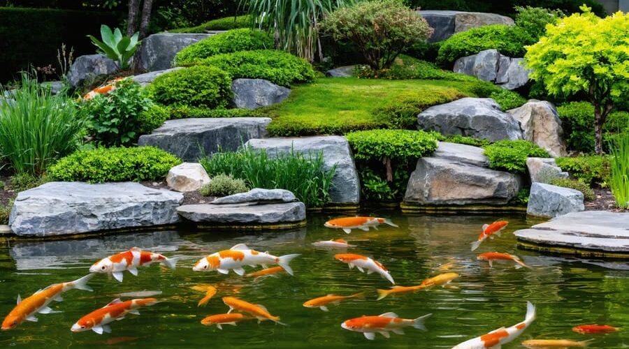 "Exquisitely landscaped koi pond with layered rocks, colorful plants, and shimmering water surface, surrounded by a serene garden setting."