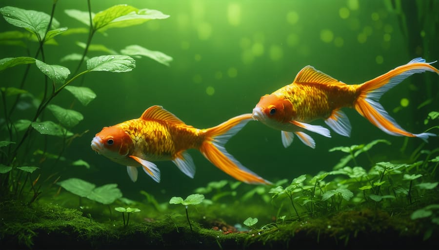 Underwater view of colorful koi swimming among water lily stems