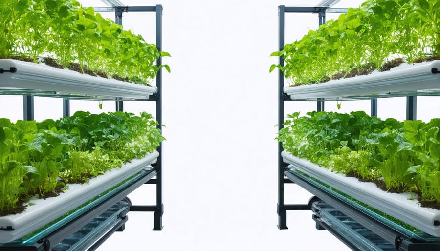 Person performing routine maintenance tasks on a vertical aquaponics system