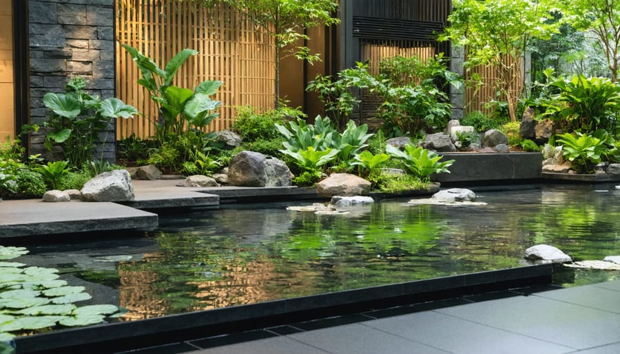 Diverse group of people working together on modern water garden installation