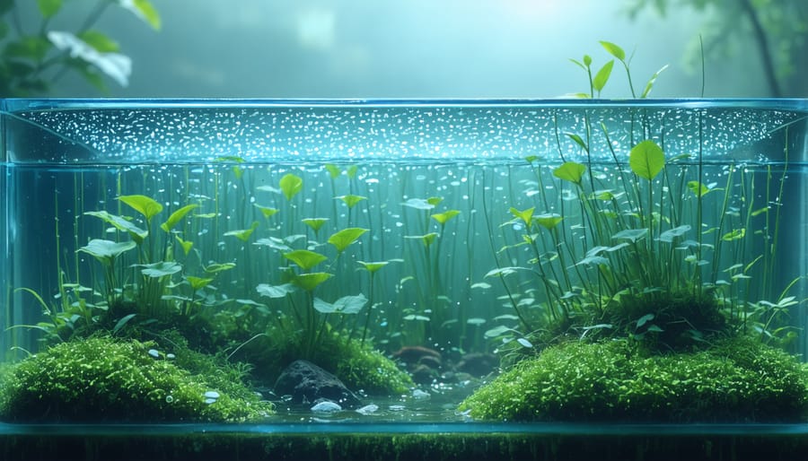 Underwater view of water lily roots and aquatic plants in clear water